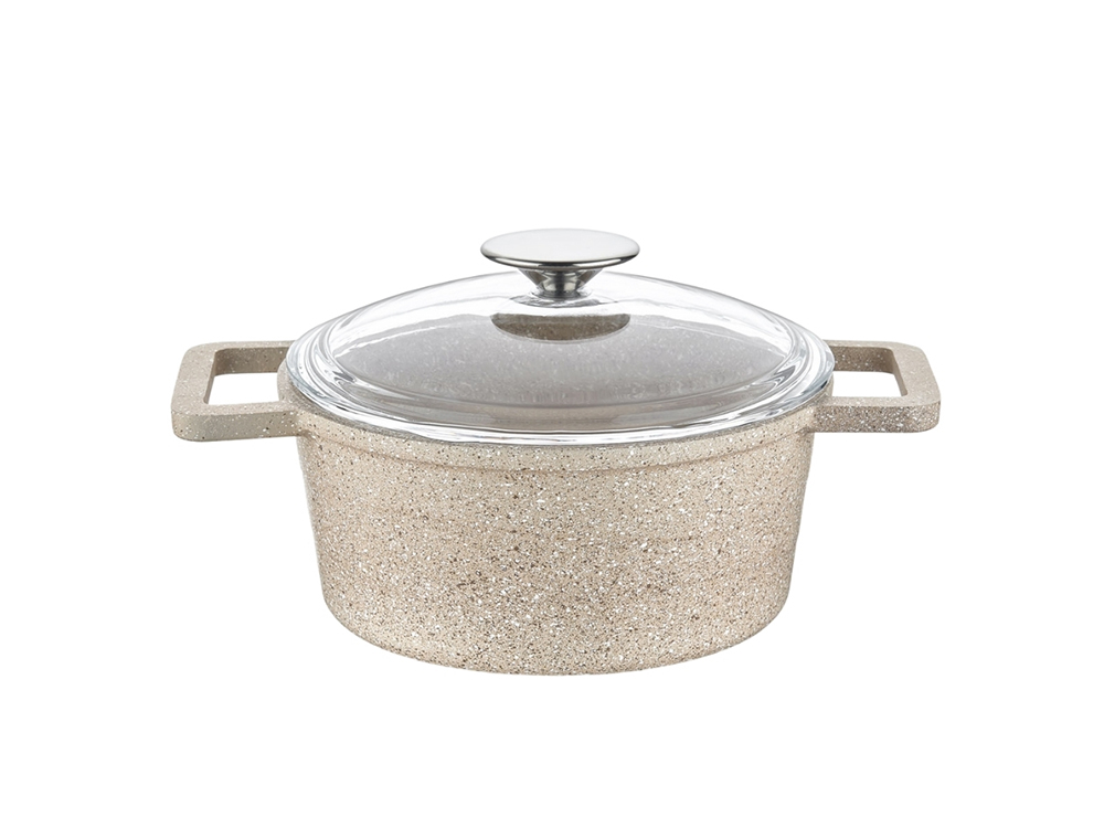 Elexus Serisi Cam Kapaklı Derin Tencere - Kapuçino 20 cm