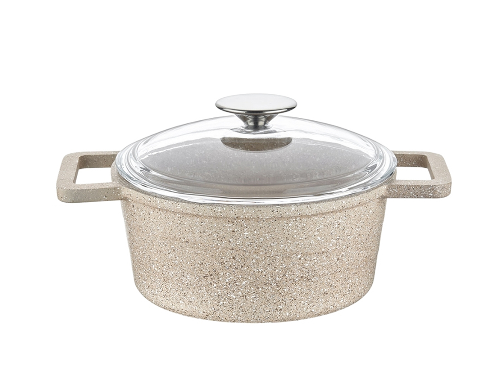 Elexus Serisi Cam Kapaklı Derin Tencere - Kapuçino 24 cm