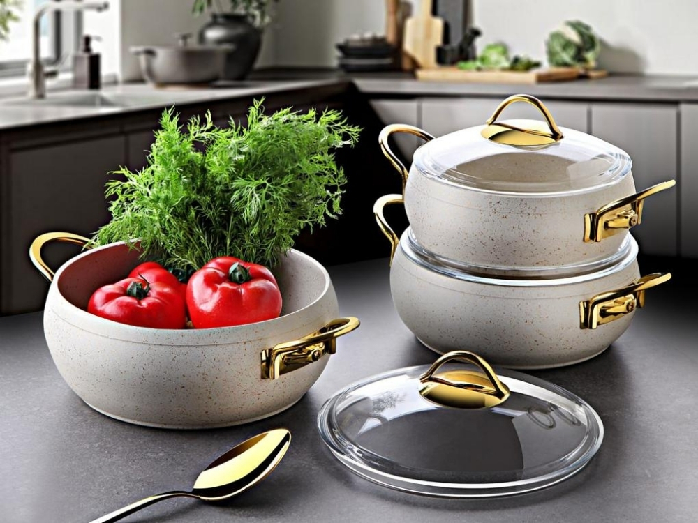 Güveç Serisi 6 Prç Güveç Tencere Seti Gold Sapli - Krem